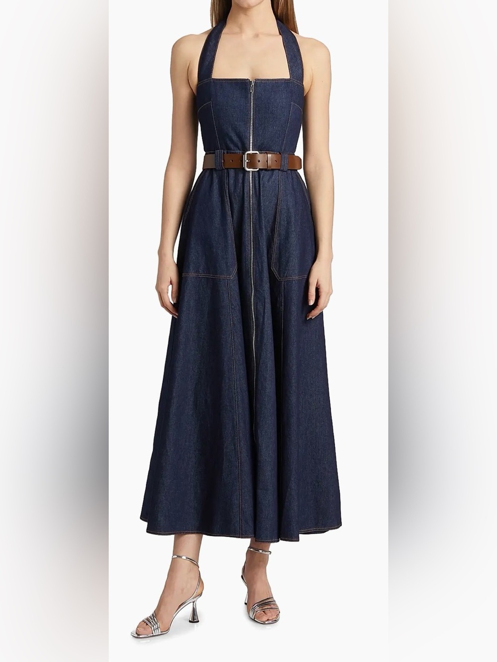 NWT NICHOLAS Anastasia Utility Halterneck Denim Indigo Midi Belted Dress 2